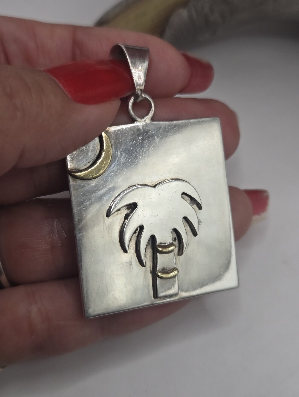 Sterling Silver Palm Tree & Moon Pendant - Silver with Gold Accents